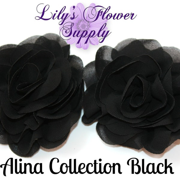 Black Rose Chiffon Flowers - Wholesale Chiffon Flowers - Rosette Silk Chiffon - Flower for Headbands - Alina Collection