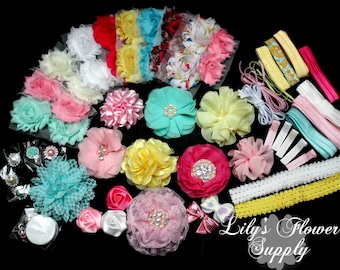 Baby Shower Headband Kit - Deluxe DIY Hair Bow Kit - Baby Shower Headband Station Kit - Grab Bag - Shabby Flowers - 32 Headbands 5 Clips