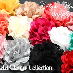 May include: A collection of 10 eyelet fabric flowers in various colors, including pink, red, white, black, teal, and yellow. The flowers are all made of a soft, delicate fabric with a scalloped edge. The flowers are arranged in a circle on a dark background. The text "Eyelet Flower Collection" is printed below the flowers.