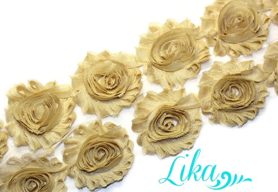 wholesale 2.5/" shabby flower chiffon trim 1 yard GOLD METALLIC shabby flower
