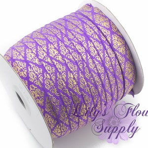 Fold Over Elastic, FOE, Foldover Elastic, Elastic By Yard, FOE Elastic, 5/8 Elastic, Wholesale Elastic, Purple Gold Damask Elastic