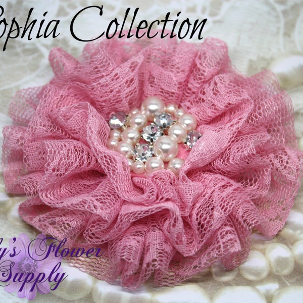 Vintage Lace Flower - Pink - Rhinestone Center Lace Flower - Lace rose - Rhinestone Cluster Flower - Wholesale - Wedding - Sophia Collection