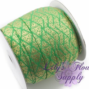 Fold Over Elastic, FOE, Foldover Elastic, Elastic By Yard, FOE Elastic, 5/8 Elastic, Wholesale Elastic, Green Gold Damask Elastic