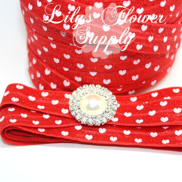 Red White Heart Fold Over Elastic - 5/8 Fold Over Elastic - FOE - Foldover Elastic - Elastic By Yard - Shiny Elastic - Headband