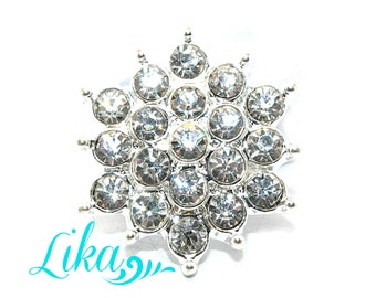 May include: A silver-toned, snowflake-shaped brooch with numerous clear, sparkling rhinestones. The brooch has a detailed design with multiple points and a central cluster of stones. The word "Lika" is written in a cursive font in the lower left corner.