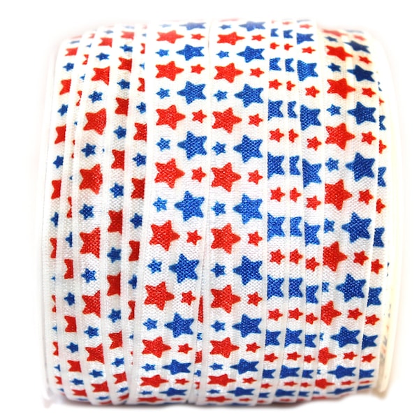 4th of July FOE - Red Blue Stars Fold Over Elastic - 5/8 FOE - Choice of 5 or 10 Yards