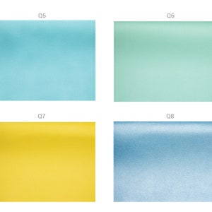 May include: Four fabric swatches in different colors: light blue, light green, yellow, and light blue with a subtle shimmer.