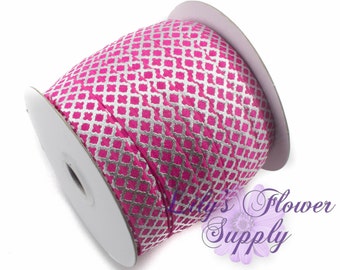 Fold Over Elastic, FOE, Foldover Elastic, Elastic By Yard, FOE, 5/8 Elastic, Wholesale Elastic, Hot Pink Silver Quatrefoil TRE6815