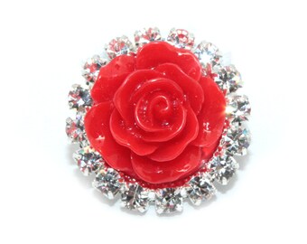 Rhinestone Button - Red Rose Rhinestone - Flatback Rhinestone Button - Choose quantity - Metal Rhinestone - Pearl Button - Wholesale