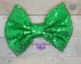 Green Sequin Shiny Bow 5", Extra Large Sequin Appliqués, Big Bows 5 Inch, Large Bows for Headbands, Party DIY Bows, Bows for Clips, Green