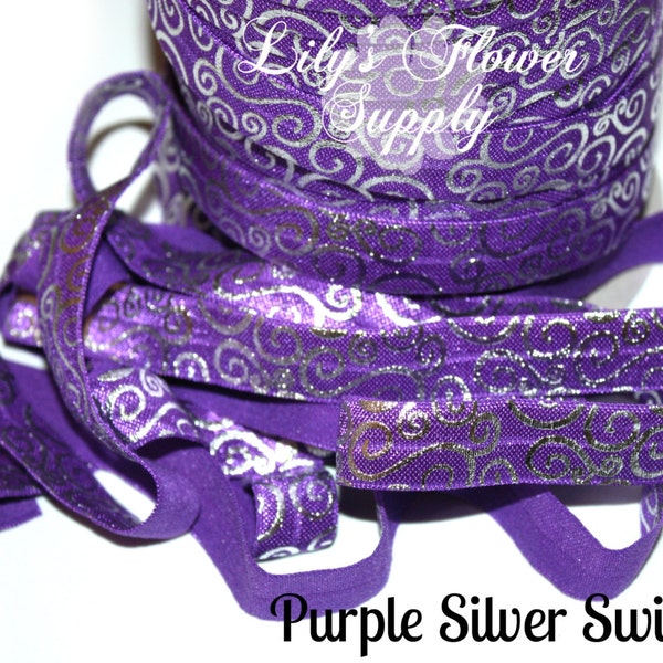 Purple Silver Swirl - Metallic Print Elastic - Foil Elastic - Fold Over Elastic - FOE - Elastic By Yard - Shiny Elastic - 2 yards