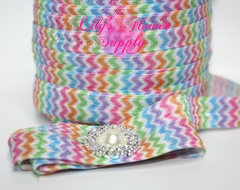 5 yards - Rainbow Chevron - 5/8 Fold Over Elastic - FOE - Foldover Elastic - Chevron - Elastic By Yard - Shiny Elastic - DIY