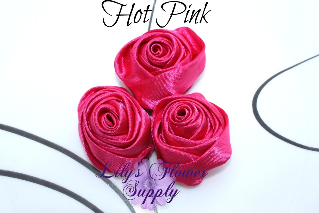 Pink Roses Roll Rolled Rosettes - SET of THREE - Hot Pink - Satin Flower - Satin Rose ...
