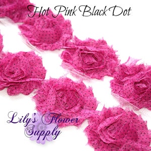 1 Yard - Shabby Flower Trim - Shabby Rose trim - Wholesale Shabby Flower - Chiffon Flower - Hot Pink Black Dot - Shabby Chic - Rose Trim