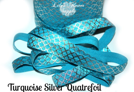 Turquoise Silver Quatrefoil - Metallic Print Elastic - Foil Fold Over Elastic - FOE - Elastic By Yard - Shiny Elastic - 2 yards