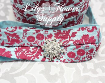 Aqua Pink Floral Fold Over Elastic - 5/8 Fold Over Elastic - FOE - Foldover Elastic - Elastic By Yard - Shiny Elastic - Headband