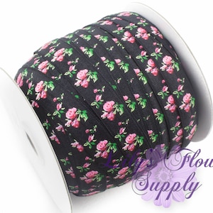 Fold Over Elastic, FOE, Foldover Elastic, Elastic By Yard, FOE Elastic, 5/8 Elastic, Wholesale Elastic, Black Floral Elastic, Elastic