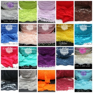 May include: A collection of 2 inch wide lace trim in various colours, including white, royal blue, light pink, yellow, turquoise, hot pink, seafoam green, purple, ivory, black, grey, orange, burgundy, and light blue.  Lily's Flower Supply is printed on the image.