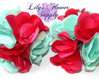 Hot Pink/Aqua Mini Satin Flowers - 2 Inch Flower - Fabric Flower - Satin Flowers - Satin Rose - Petite Flower - Wholesale flowers