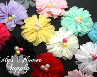 Chiffon Blossom Flower with Colorful Pearl - Fabric flower - 2.2 Inch - Petite flower - Wholesale - Mia Collection - Choose Colors