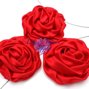 SET of THREE - Red - Satin Flower - Satin Rose - Ruched Flowers - Rosettes - Satin rosettes - Rolled Rosettes - Wholesale - supply - diy