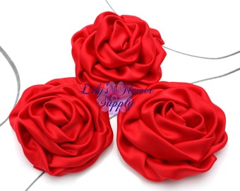 SET of THREE - Red - Satin Flower - Satin Rose - Ruched Flowers - Rosettes - Satin rosettes - Rolled Rosettes - Wholesale - supply - diy