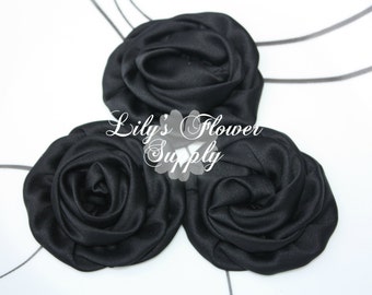 Satin Rolled Rosette - Set of 3 - Satin Flower - Satin Rose - Ruched Flowers - Black Rosettes - Satin rosettes - Rolled Rosettes - Wholesale
