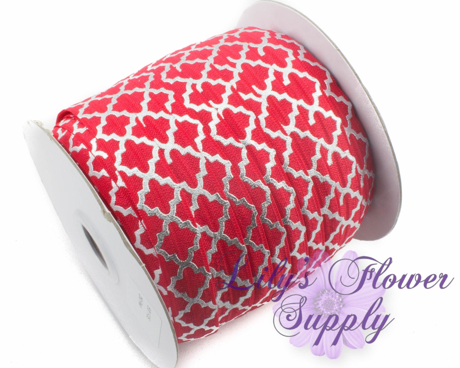 Fold Over Elastic, FOE, Foldover Elastic, Elastic By Yard, FOE Elastic, 5/8 Elastic, Wholesale Elastic, Red Silver Quatrefoil TRE6810