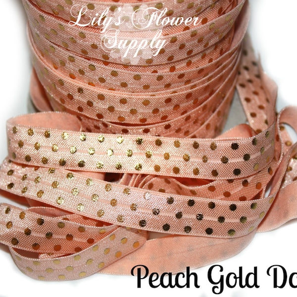 Peach Gold Dot - Metallic Print Elastic - Foil Elastic - Fold Over Elastic - FOE - Elastic By Yard - Shiny Elastic - 2 yards