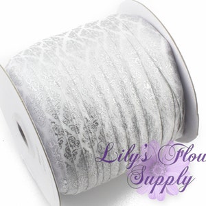 Fold Over Elastic, FOE, Foldover Elastic, Elastic By Yard, FOE Elastic, 5/8 Elastic, Wholesale Elastic, White Silver Damask Elastic