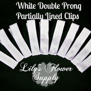 May include: White double prong partially lined clips.  These clips are great for adding embellishments to hair bows, headbands, and other hair accessories.
