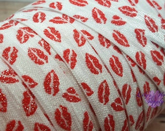 Fold Over Elastic, FOE, Foldover Elastic, Elastic By Yard, 5/8 Elastic, Wholesale Elastic, White Red Lips Elastic