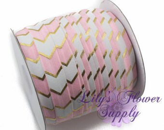 Fold Over Elastic, FOE, Foldover Elastic, Elastic By Yard, FOE Elastic, 5/8 Elastic, Wholesale Elastic, Pink Gold Foil Chevron TRE6793