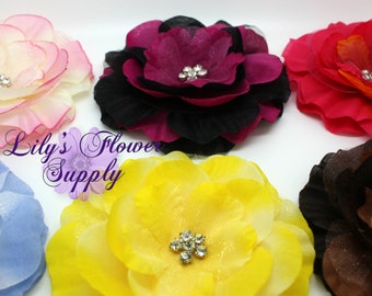 TWO - Rhinestone Flowers - Peony Flower - Organza Flower - Fabric Flower - Silk - DIY - Wholesale Flowers - You choose colors - Supply