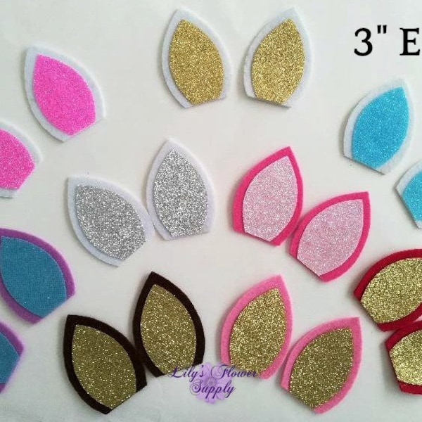 3"  Large Felt with Glitter Center Unicorn Ears DIY Supply, Craft Supply for Party Birthday Halloween Headband, Deer Ears Animal Cat Ears,