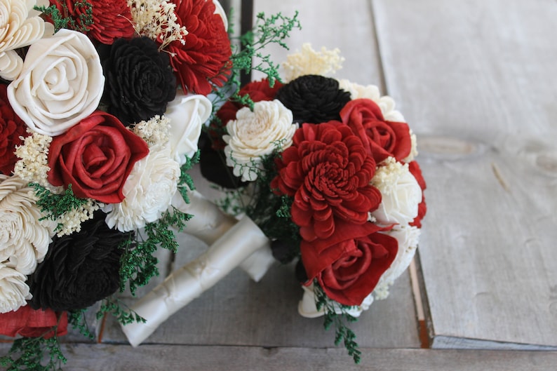 Red Rose Bouquet Black Red Sola Wood Bouquet Red /& Black Sola Flower Bouquet and Ivory Wedding Bouquet Ivory and Red Bouquet Red