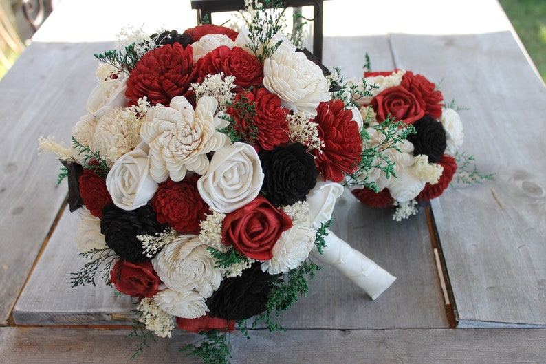 Red Rose Bouquet Black Red Sola Wood Bouquet Red /& Black Sola Flower Bouquet and Ivory Wedding Bouquet Ivory and Red Bouquet Red