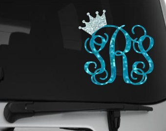 Crown Monogram Decal, Vine Monogram with Crown, Script Monogram, Princess Crown Monogram, Circle Monogram with Crown, Crown Monogram Sticker