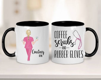 Coffee Scrubs Rubber Gloves, Nurse Gift Mug, Nurse Graduation Gift, RN Gifts, LPN Gifts, Nurse Personalized Mug, Registered Nurse Mug,RN Mug