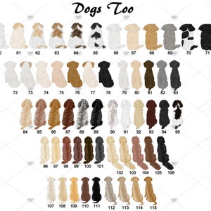 May include: A digital illustration of 115 dogs in various poses and colors. The dogs are numbered from 60 to 115. The text "Dogs Too" is at the top of the image.