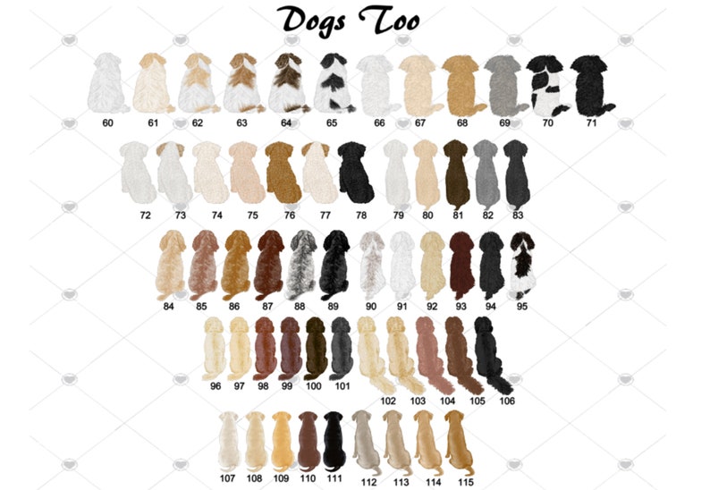 May include: A digital illustration of 115 dogs in various poses and colors. The dogs are numbered from 60 to 115. The text "Dogs Too" is at the top of the image.