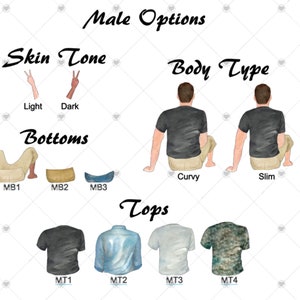 May include: Male character customization options for a digital illustration.  Choose from light or dark skin tones, curvy or slim body types, different bottoms, and tops.  The text "Male Options" is at the top of the image.