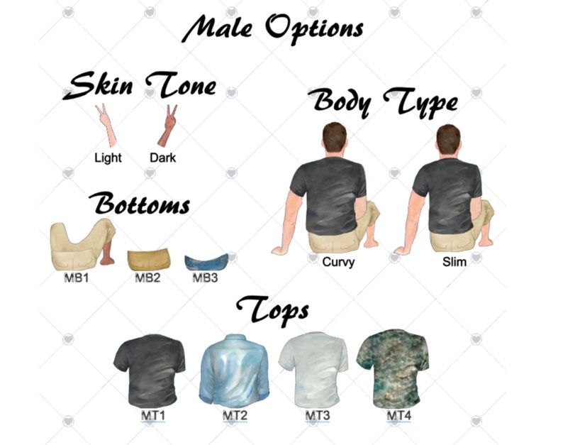 May include: Male character customization options for a digital illustration.  Choose from light or dark skin tones, curvy or slim body types, different bottoms, and tops.  The text "Male Options" is at the top of the image.