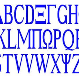 Puede incluir: Un alfabeto azul con letras may&uacute;sculas en una fuente serif. Las letras est&aacute;n dispuestas en tres filas. La primera fila incluye las letras A a H y la letra griega Phi. La segunda fila incluye las letras J a R. La tercera fila incluye las letras S a Z y la letra griega Psi.