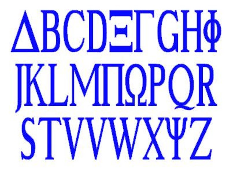 Puede incluir: Un alfabeto azul con letras may&uacute;sculas en una fuente serif. Las letras est&aacute;n dispuestas en tres filas. La primera fila incluye las letras A a H y la letra griega Phi. La segunda fila incluye las letras J a R. La tercera fila incluye las letras S a Z y la letra griega Psi.