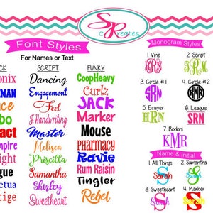 May include: A chart displaying a selection of font styles and monogram styles. The font styles are categorised into Block, Script and Funky. The monogram styles are categorised into Vine and Script. The chart also includes a list of names and initials that can be used for the monograms.
