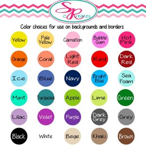 May include: A chart of 25 colour choices for backgrounds and borders. The colours are arranged in a grid of five rows and five columns. The colours include yellow, orange, red, pink, coral, blue, green, purple, brown, beige, white, black, grey, turquoise, mint, navy, lime, apple, lilac, violet, sea foam, ice, bubble gum, carnation, dark grey, and khaki.