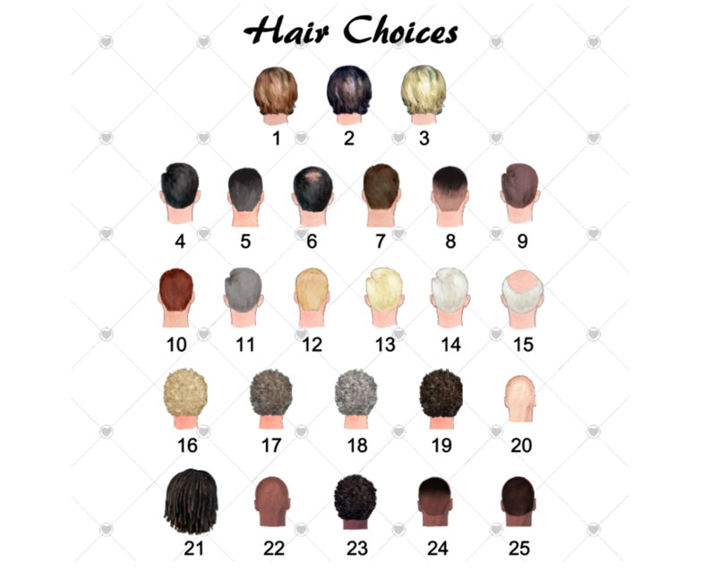 May include: A chart with 25 different hairstyles for men, numbered 1 through 25.  Hair Choices is the title of the chart.