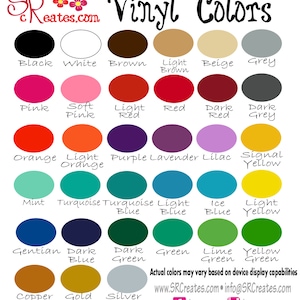 Puede incluir: Una tabla de colores de vinilo con nombres para cada color. Los colores incluyen negro, blanco, marr&oacute;n, marr&oacute;n claro, beige, gris, rosa, rosa claro, rojo claro, rojo, rojo oscuro, gris oscuro, naranja, naranja claro, morado, lavanda, lila, amarillo se&ntilde;al, menta, turquesa, azul turquesa, azul claro, azul hielo, amarillo claro, azul a&ntilde;il, azul oscuro, verde oscuro, verde, verde lima, verde amarillo, cobre (met&aacute;lico), oro (met&aacute;lico) y plata (met&aacute;lico).