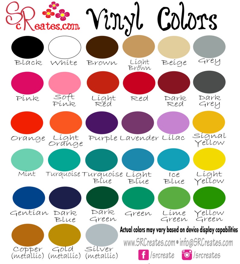 Puede incluir: Una tabla de colores de vinilo con nombres para cada color. Los colores incluyen negro, blanco, marr&oacute;n, marr&oacute;n claro, beige, gris, rosa, rosa claro, rojo claro, rojo, rojo oscuro, gris oscuro, naranja, naranja claro, morado, lavanda, lila, amarillo se&ntilde;al, menta, turquesa, azul turquesa, azul claro, azul hielo, amarillo claro, azul a&ntilde;il, azul oscuro, verde oscuro, verde, verde lima, verde amarillo, cobre (met&aacute;lico), oro (met&aacute;lico) y plata (met&aacute;lico).